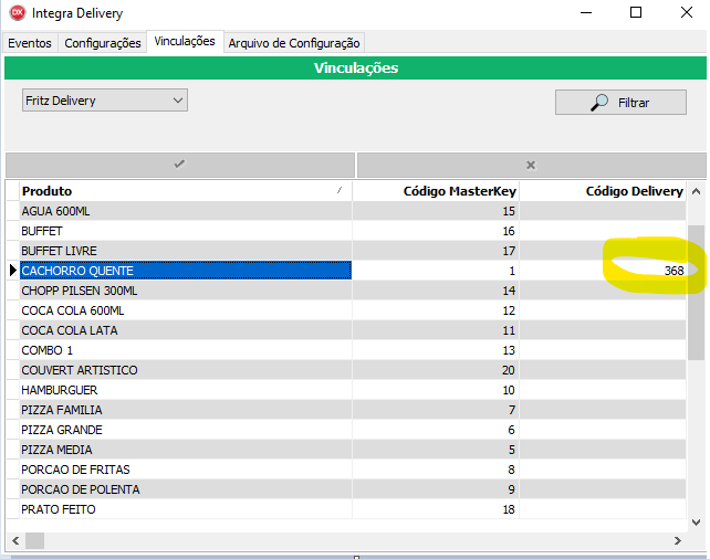 Produto CACHORRO QUENTE: Código 1 no Master Key e Código 368 no FritzDelivery.